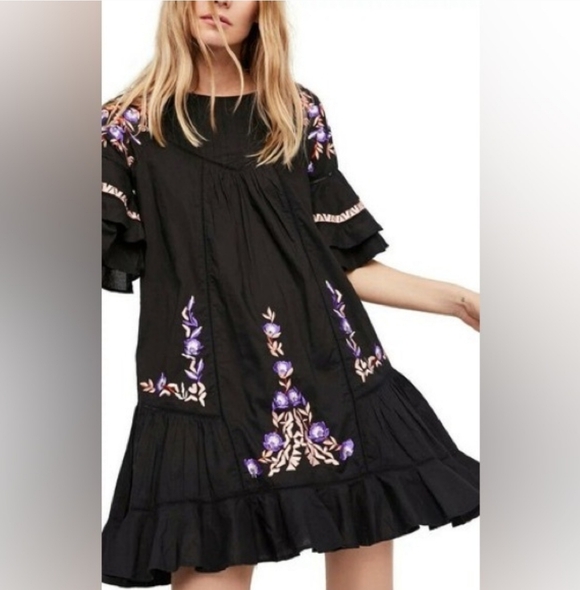 Free People Black Mini Dress with Purple Embroidery - Picture 2 of 16